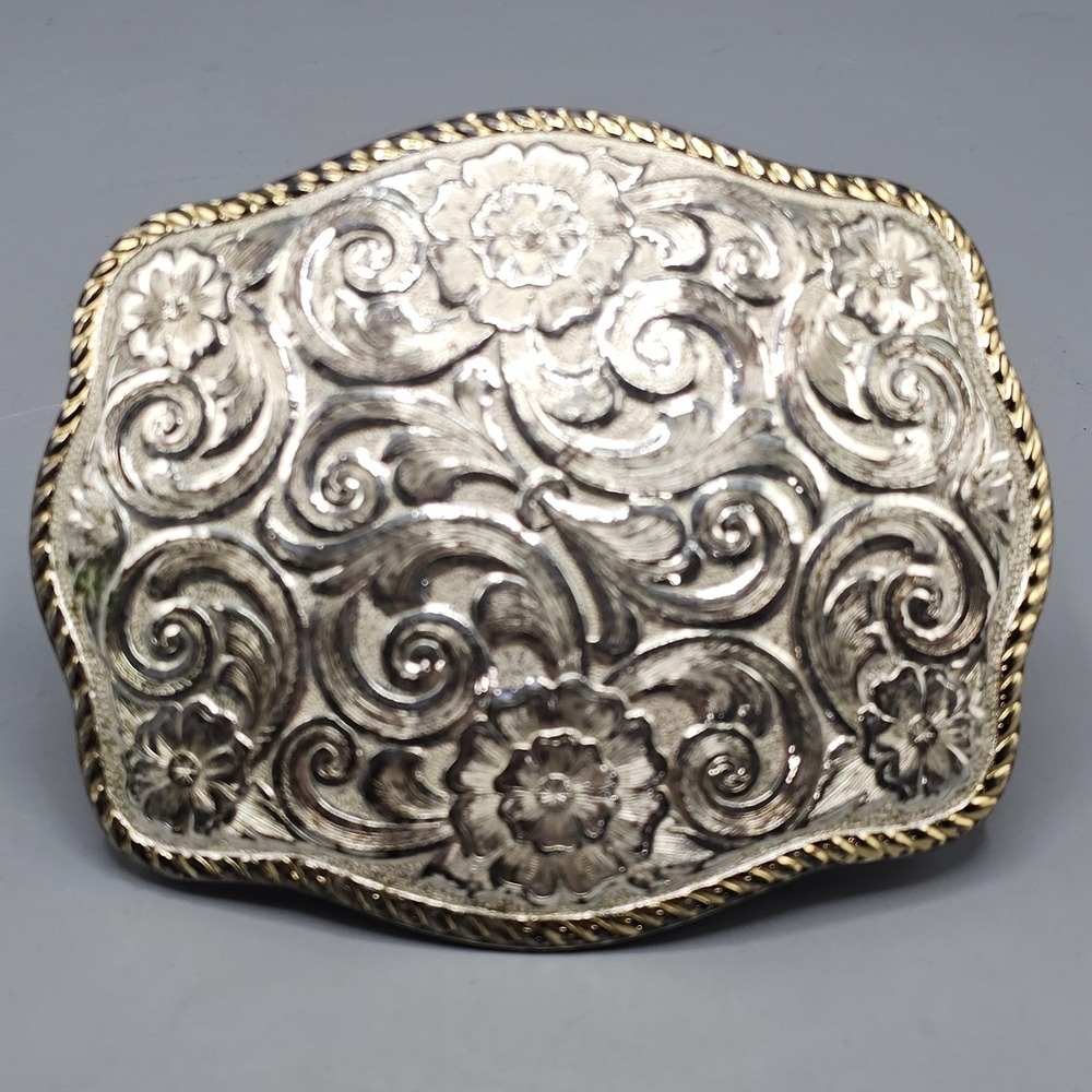 Vintage Montana Silversmiths Western Huge Silver Plate Floral Belt Buckle